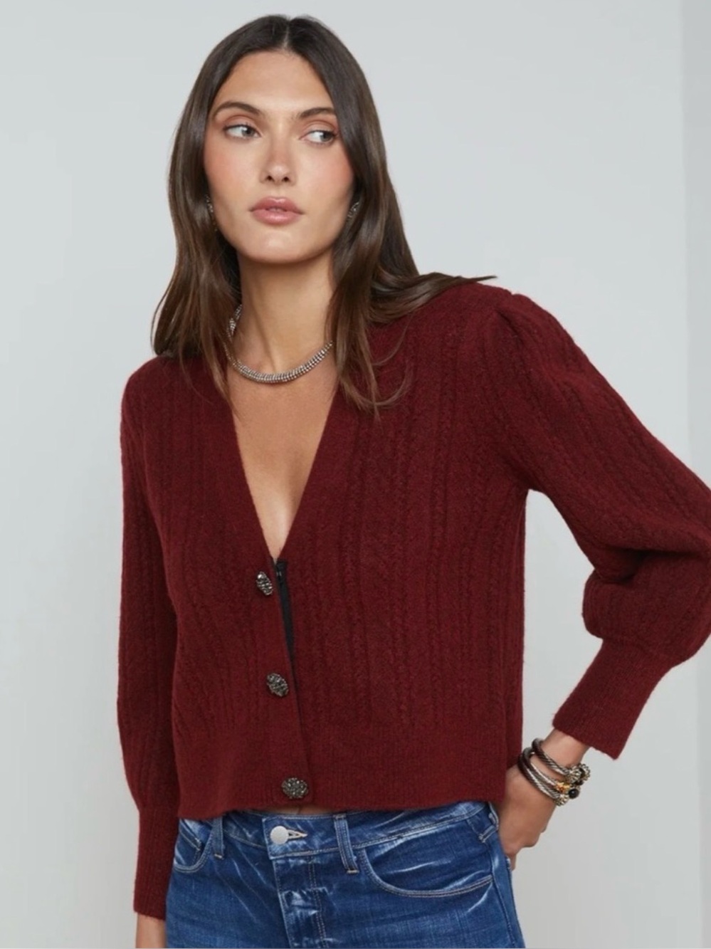 L'Agence Tallula Syrah Cardigan with Jeweled Buttons